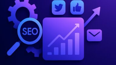 Ilustração futurista e minimalista com ícones abstratos representando ferramentas de marketing digital como SEO (lupa), redes sociais (ícones de like e compartilhamento), e-mail marketing (envelope) e análise de dados (gráfico de crescimento), em tons de roxo e azul.