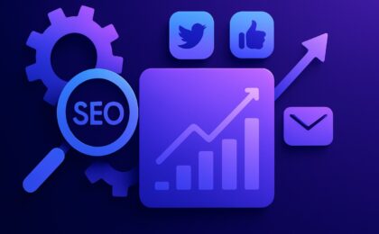 Ilustração futurista e minimalista com ícones abstratos representando ferramentas de marketing digital como SEO (lupa), redes sociais (ícones de like e compartilhamento), e-mail marketing (envelope) e análise de dados (gráfico de crescimento), em tons de roxo e azul.