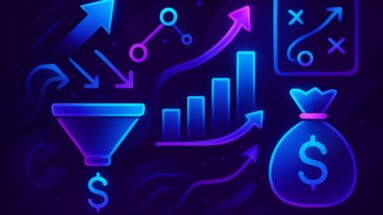 Ilustração futurista roxa e azul representando estratégias de monetização, com ícones de funil de vendas, gráficos de crescimento e sacos de dinheiro.