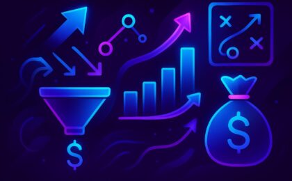 Ilustração futurista roxa e azul representando estratégias de monetização, com ícones de funil de vendas, gráficos de crescimento e sacos de dinheiro.