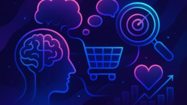 Ilustração futurista roxa e azul representando a psicologia do consumidor online, com cérebro, carrinho de compras e lupa.