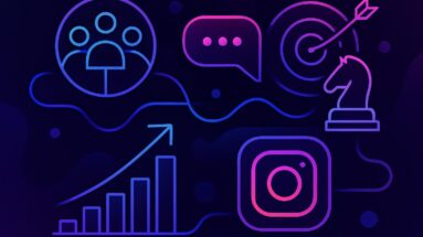 Redes Sociais para Negócios Online Ilustração futurista roxa e azul representando estratégias de redes sociais para negócios online, com ícones de plataformas, gráfico de crescimento e plano de ação.
