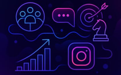 Redes Sociais para Negócios Online Ilustração futurista roxa e azul representando estratégias de redes sociais para negócios online, com ícones de plataformas, gráfico de crescimento e plano de ação.