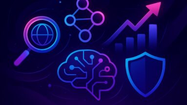 Ilustração futurista roxa e azul representando SEO avançado, com lupa, rede de links, gráfico de crescimento e escudo.