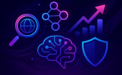 Ilustração futurista roxa e azul representando SEO avançado, com lupa, rede de links, gráfico de crescimento e escudo.