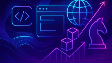 Ilustração futurista roxa e azul representando a criação de um site profissional, com ícones de código, navegador, globo e elementos de crescimento.
