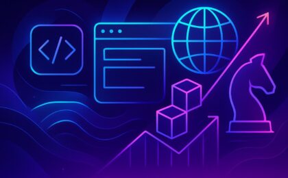 Ilustração futurista roxa e azul representando a criação de um site profissional, com ícones de código, navegador, globo e elementos de crescimento.