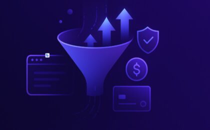 Ilustração futurista de um funil de vendas, com visitantes entrando e se transformando em clientes satisfeitos, representando a conversão em uma loja virtual, em tons de roxo e azul.