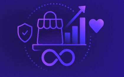 Ilustração futurista de um funil de vendas, com visitantes entrando e se transformando em clientes satisfeitos, representando a conversão em uma loja virtual, em tons de roxo e azul.
