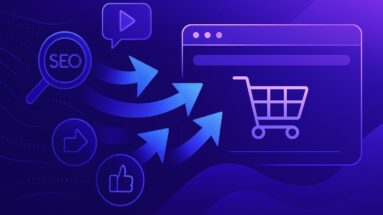 lustração futurista de estratégias de marketing digital (SEO, mídias sociais, tráfego pago) levando visitantes para um carrinho de compras em uma loja virtual, em tons de roxo e azul.