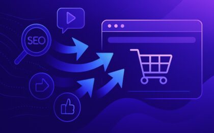 lustração futurista de estratégias de marketing digital (SEO, mídias sociais, tráfego pago) levando visitantes para um carrinho de compras em uma loja virtual, em tons de roxo e azul.