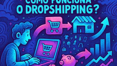 Ilustração sobre como funciona o dropshipping, mostrando o fluxo de compra do cliente ao fornecedor e entrega, com ícones de carrinho de compras, loja, fornecedor e caixa de entrega, em tons de azul e roxo.