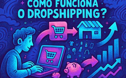 Ilustração sobre como funciona o dropshipping, mostrando o fluxo de compra do cliente ao fornecedor e entrega, com ícones de carrinho de compras, loja, fornecedor e caixa de entrega, em tons de azul e roxo.